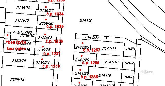 Hulín 1257 na parcele st. 2141/23 v KÚ Hulín, Katastrální mapa