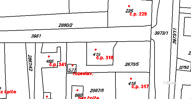 Borovany 316 na parcele st. 415 v KÚ Borovany, Katastrální mapa