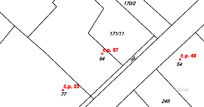 Křešice 57, Libáň na parcele st. 64 v KÚ Křešice u Psinic, Katastrální mapa