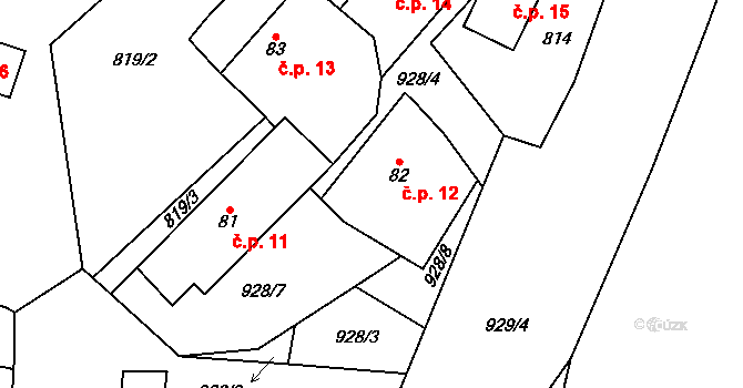 Hubálov 12, Tuř na parcele st. 82 v KÚ Hubálov, Katastrální mapa