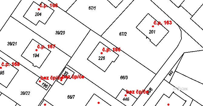 Borek 186 na parcele st. 226 v KÚ Borek u Českých Budějovic, Katastrální mapa