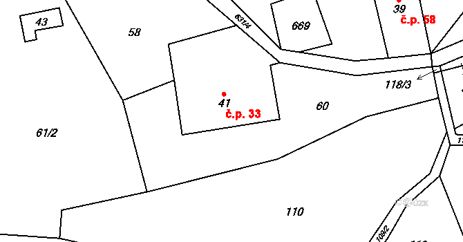 Vlčkovice 33, Mladkov na parcele st. 41 v KÚ Vlčkovice u Mladkova, Katastrální mapa