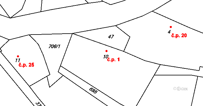 Hvězdoňovice 1 na parcele st. 10 v KÚ Hvězdoňovice, Katastrální mapa