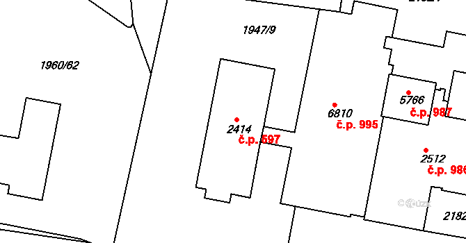 Borovina 597, Třebíč na parcele st. 2414 v KÚ Třebíč, Katastrální mapa
