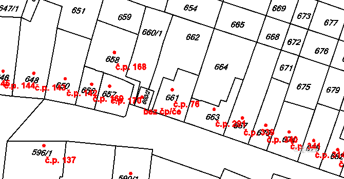 Tuřany 76, Brno na parcele st. 661 v KÚ Tuřany, Katastrální mapa