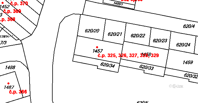 Medlánky 325,326,327,328,329, Brno na parcele st. 1457 v KÚ Medlánky, Katastrální mapa