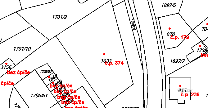 Malá Strana 374, Týn nad Vltavou na parcele st. 1033 v KÚ Týn nad Vltavou, Katastrální mapa