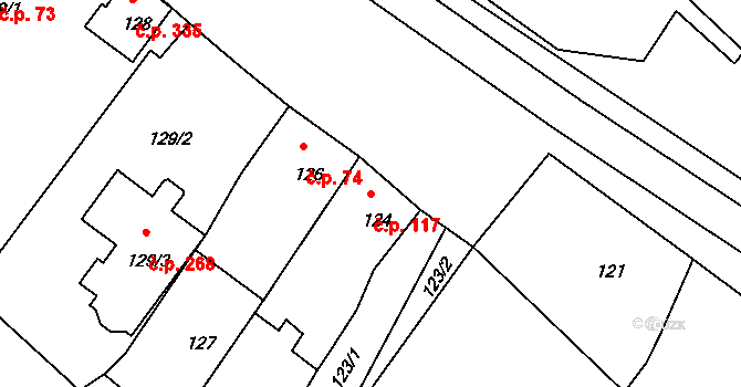 Droužkovice 117 na parcele st. 124 v KÚ Droužkovice, Katastrální mapa