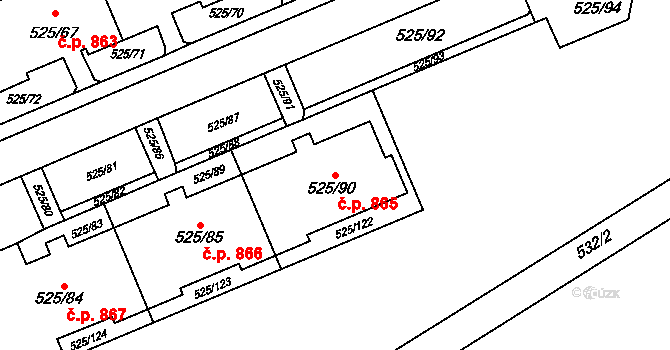 Ráj 865, Karviná na parcele st. 525/90 v KÚ Ráj, Katastrální mapa
