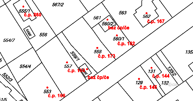 Kolovraty 173, Praha na parcele st. 558 v KÚ Kolovraty, Katastrální mapa