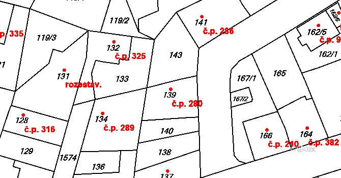 Řeporyje 280, Praha na parcele st. 139 v KÚ Řeporyje, Katastrální mapa
