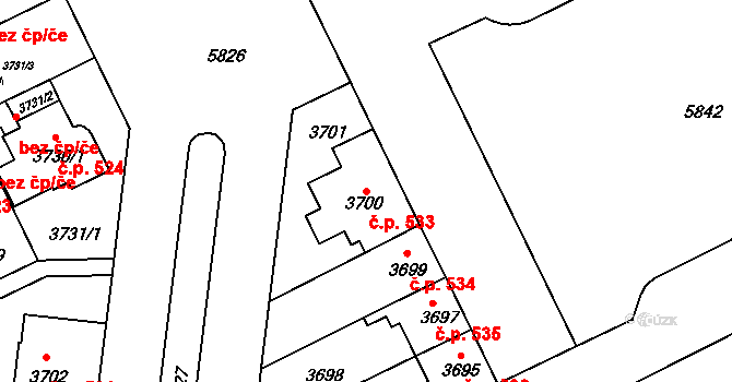 Záběhlice 533, Praha na parcele st. 3700 v KÚ Záběhlice, Katastrální mapa
