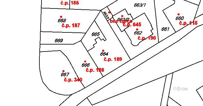 Řepy 189, Praha na parcele st. 664 v KÚ Řepy, Katastrální mapa