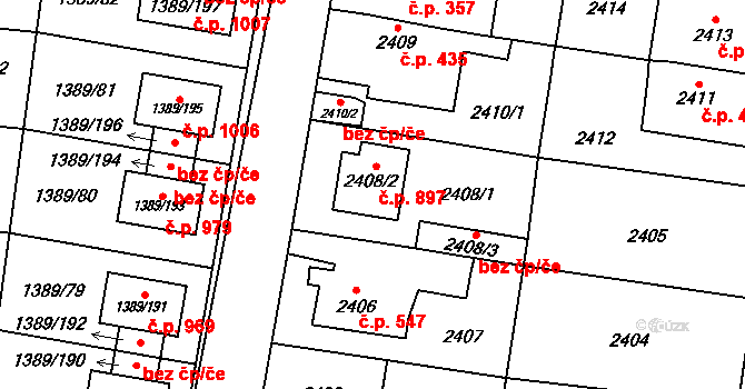 Kyje 897, Praha na parcele st. 2408/2 v KÚ Kyje, Katastrální mapa