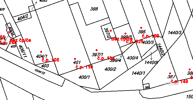 Moravany 134 na parcele st. 397/1 v KÚ Moravany u Brna, Katastrální mapa