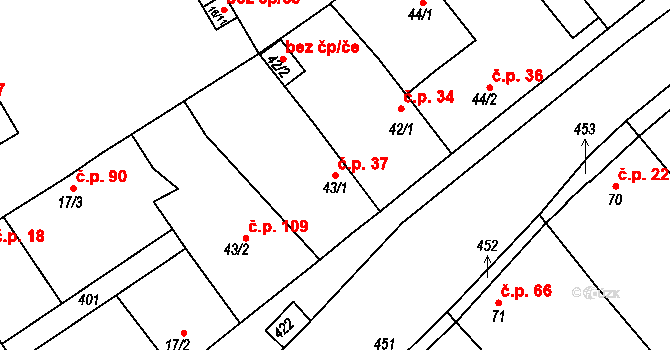 Tuchoraz 37 na parcele st. 43/1 v KÚ Tuchoraz, Katastrální mapa