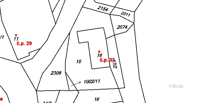 Klášter 33, Nová Bystřice na parcele st. 16 v KÚ Konrac, Katastrální mapa