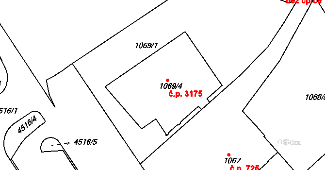 Teplice 3175 na parcele st. 1069/4 v KÚ Teplice, Katastrální mapa