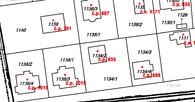 Šeberov 835, Praha na parcele st. 1134/2 v KÚ Šeberov, Katastrální mapa