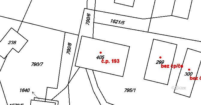Ústí 193 na parcele st. 405 v KÚ Ústí u Vsetína, Katastrální mapa