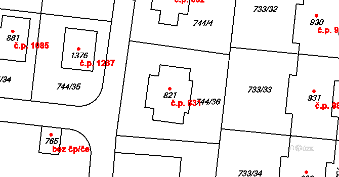 Jesenice 831 na parcele st. 821 v KÚ Jesenice u Prahy, Katastrální mapa