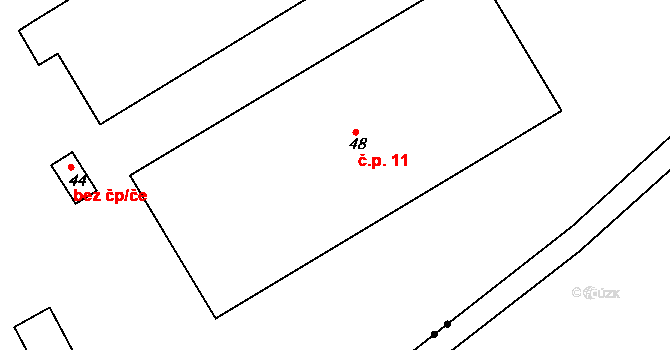 Poutnov 11, Teplá na parcele st. 48 v KÚ Popovice u Poutnova, Katastrální mapa