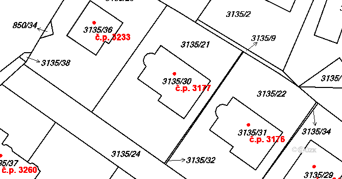 Teplice 3177 na parcele st. 3135/30 v KÚ Teplice, Katastrální mapa