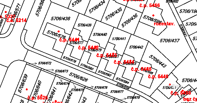 Jihlava 5443 na parcele st. 5706/579 v KÚ Jihlava, Katastrální mapa