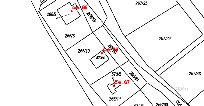 Tušimice 66, Kadaň na parcele st. 573/4 v KÚ Tušimice, Katastrální mapa
