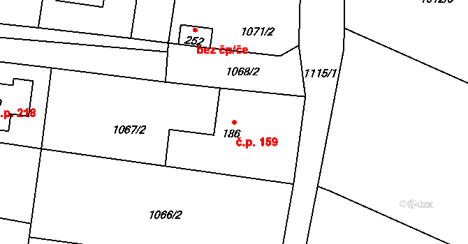 Prčice 159, Sedlec-Prčice na parcele st. 186 v KÚ Prčice, Katastrální mapa