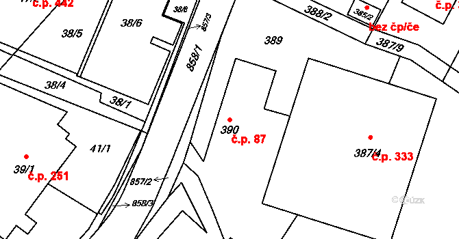 Lhotka 87, Ostrava na parcele st. 390/1 v KÚ Lhotka u Ostravy, Katastrální mapa