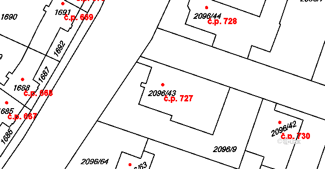 Hlučín 727 na parcele st. 2096/43 v KÚ Hlučín, Katastrální mapa