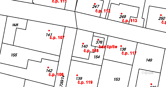 Jiřetín pod Jedlovou 118 na parcele st. 140 v KÚ Jiřetín pod Jedlovou, Katastrální mapa