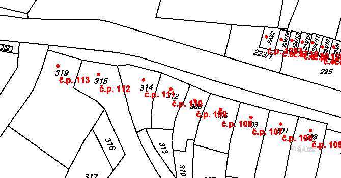 Pustiměř 110 na parcele st. 312 v KÚ Pustiměř, Katastrální mapa
