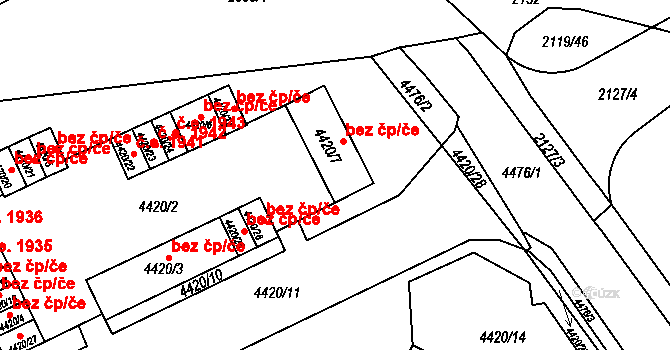 Chomutov 1950 na parcele st. 4420/7 v KÚ Chomutov I, Katastrální mapa