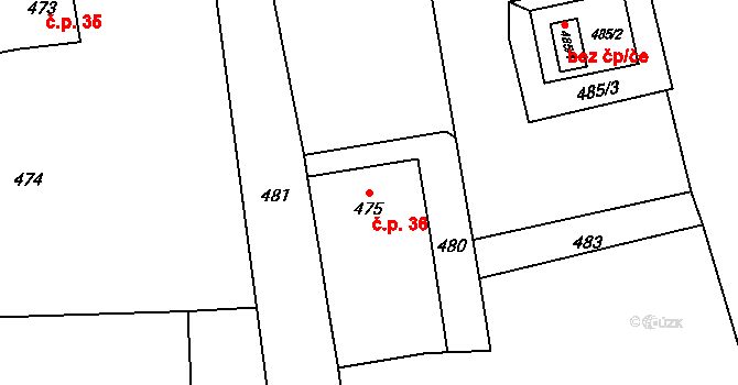 Horní Žukov 36, Český Těšín na parcele st. 475 v KÚ Horní Žukov, Katastrální mapa