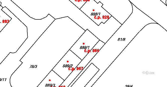 Neratovice 866 na parcele st. 889/1 v KÚ Neratovice, Katastrální mapa