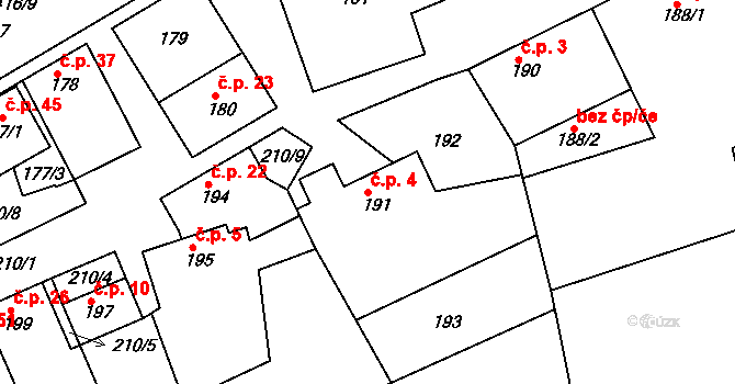 Chrášťany 4 na parcele st. 191 v KÚ Chrášťany u Prahy, Katastrální mapa