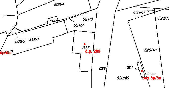 Trnová 209 na parcele st. 317 v KÚ Trnová u Plzně, Katastrální mapa