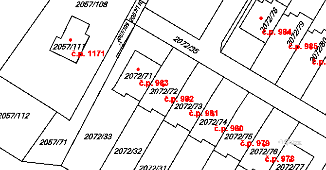 Holice 982 na parcele st. 2072/72 v KÚ Holice v Čechách, Katastrální mapa