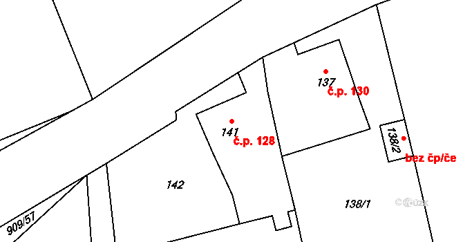 Děrné 128, Fulnek na parcele st. 141 v KÚ Děrné, Katastrální mapa