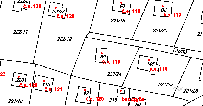 Lipno 115, Líšťany na parcele st. 89 v KÚ Těchoděly, Katastrální mapa