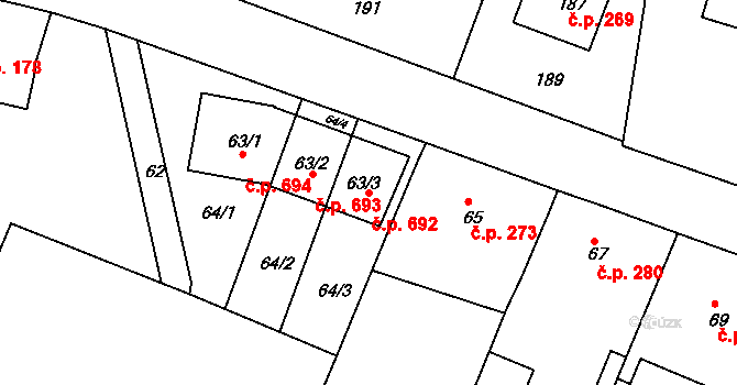 Liboc 692, Praha na parcele st. 63/3 v KÚ Liboc, Katastrální mapa