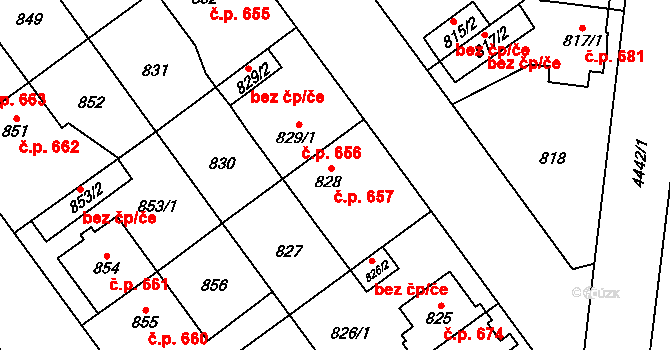 Chotěboř 657 na parcele st. 828 v KÚ Chotěboř, Katastrální mapa