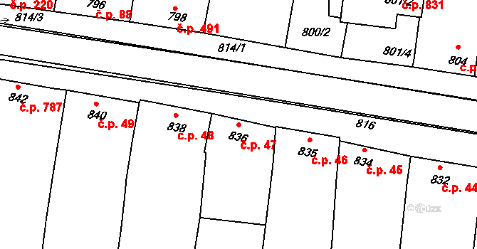 Klobouky u Brna 47 na parcele st. 836 v KÚ Klobouky u Brna, Katastrální mapa