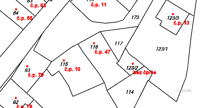 Lutotín 47, Bílovice-Lutotín na parcele st. 116 v KÚ Lutotín, Katastrální mapa