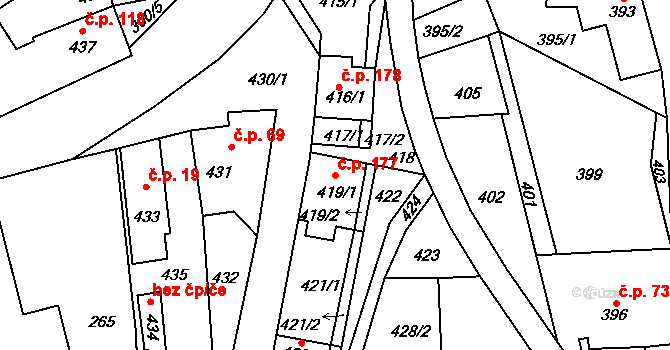Stehelčeves 177 na parcele st. 419/1 v KÚ Stehelčeves, Katastrální mapa