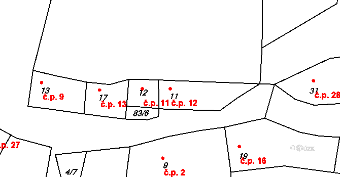 Dolní Kamenice 12, Chržín na parcele st. 11/1 v KÚ Dolní Kamenice u Velvar, Katastrální mapa