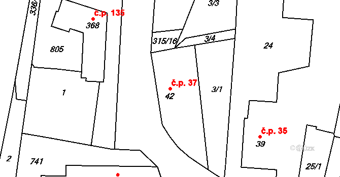 Kunětice 37 na parcele st. 42 v KÚ Kunětice, Katastrální mapa