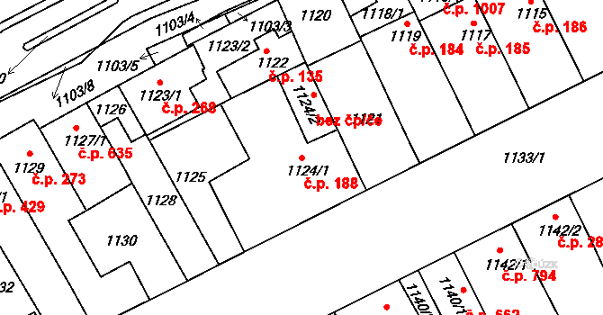 Lužice 188 na parcele st. 1124/1 v KÚ Lužice u Hodonína, Katastrální mapa